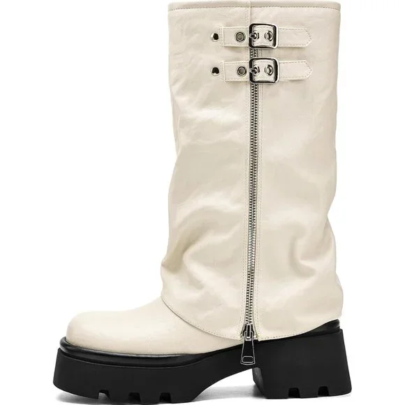 Women's White Chunky Slouchy Fold Over Wide Calf Fashion Buckle Knee High Boots - Picture 4 of 5